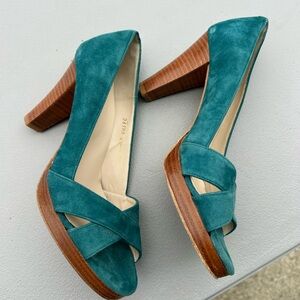 Boden Teal Suede Heels with Wooden Block Heel